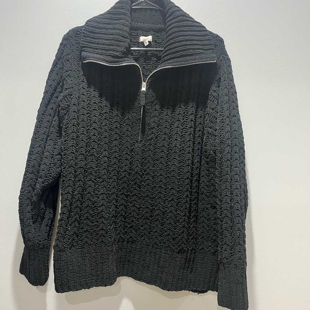 Women's Oversize Aerie Cable Car Quarter Zip Sweater in black. Aerie Cable Small
